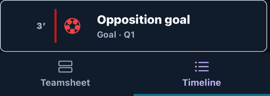 Grassroots Coach Mobile Companion Matchday timeline showing a fictional opposition goal and the selected Timeline tab