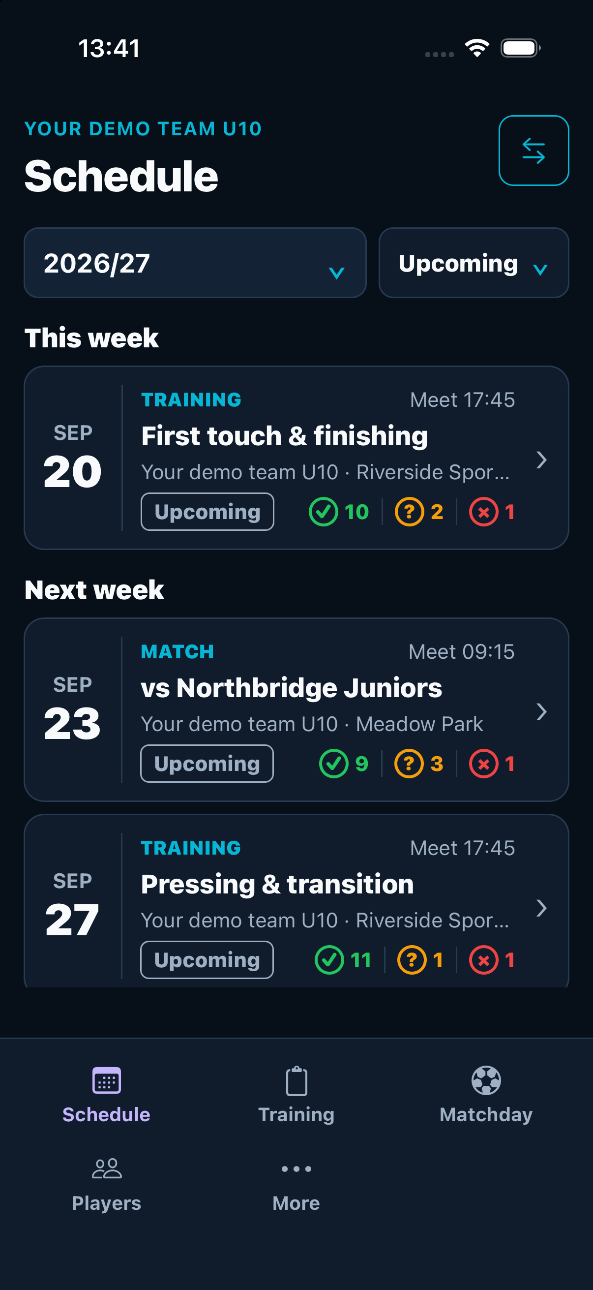 Mobile Companion Schedule showing fictional training and match events, meet times and availability replies
