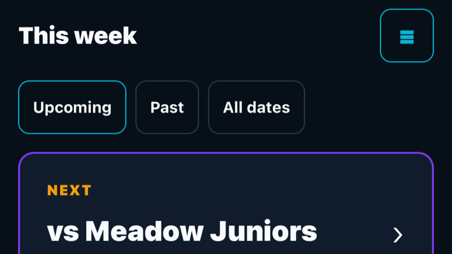 Grassroots Coach Mobile Companion schedule showing this week's filters and an upcoming fictional match