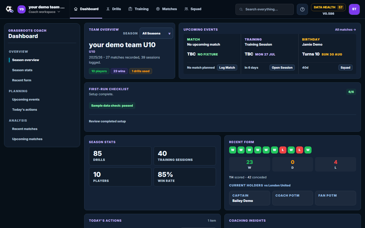 Grassroots Coach dashboard screen