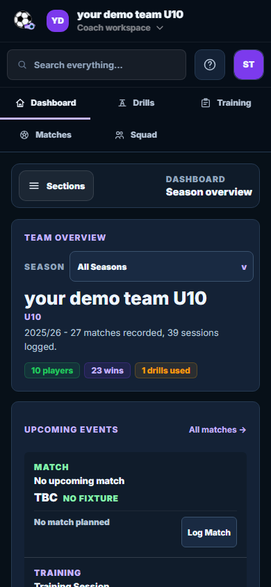 Grassroots Coach dashboard in a mobile browser view