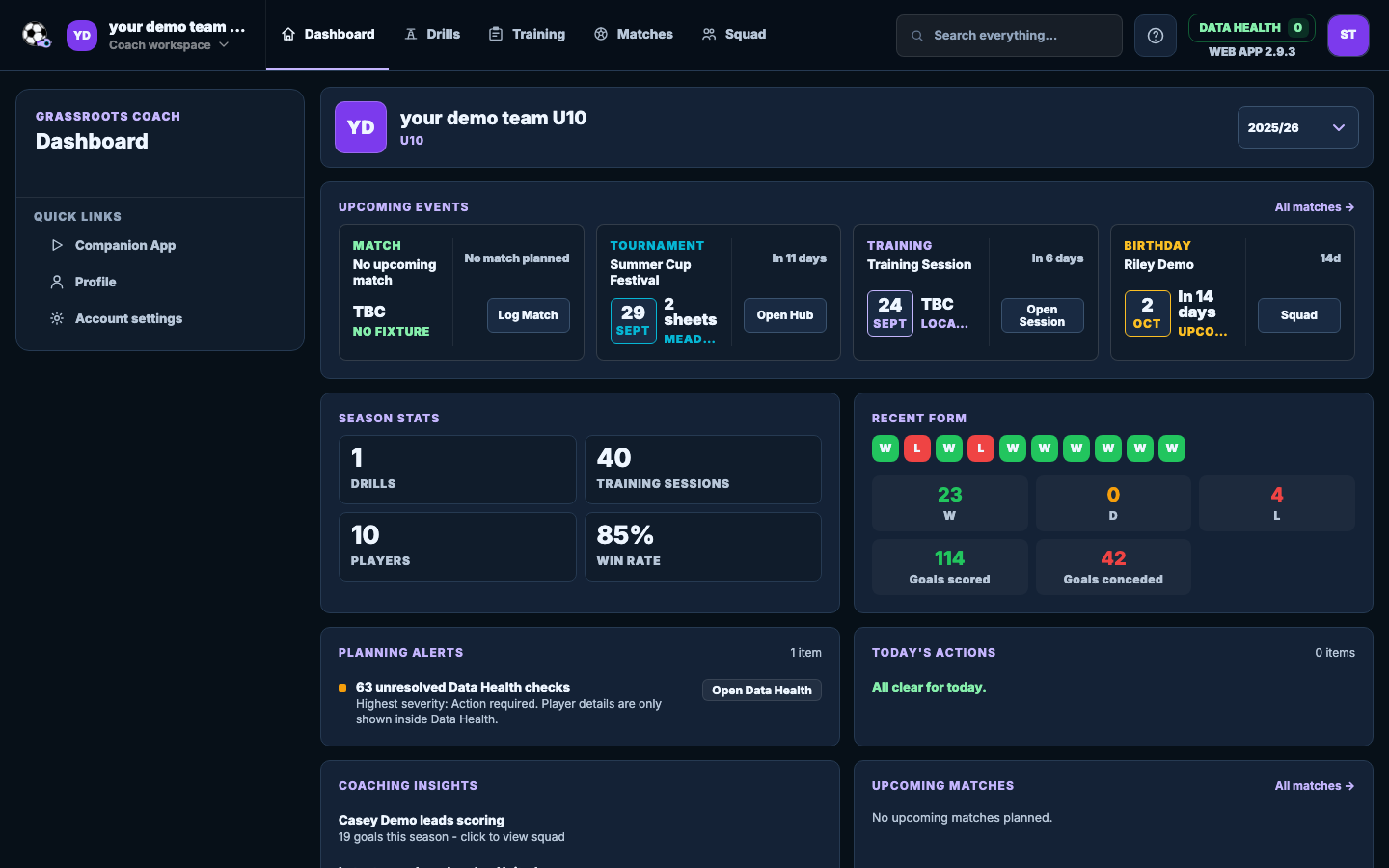 Grassroots Coach dashboard showing the coaching week at a glance