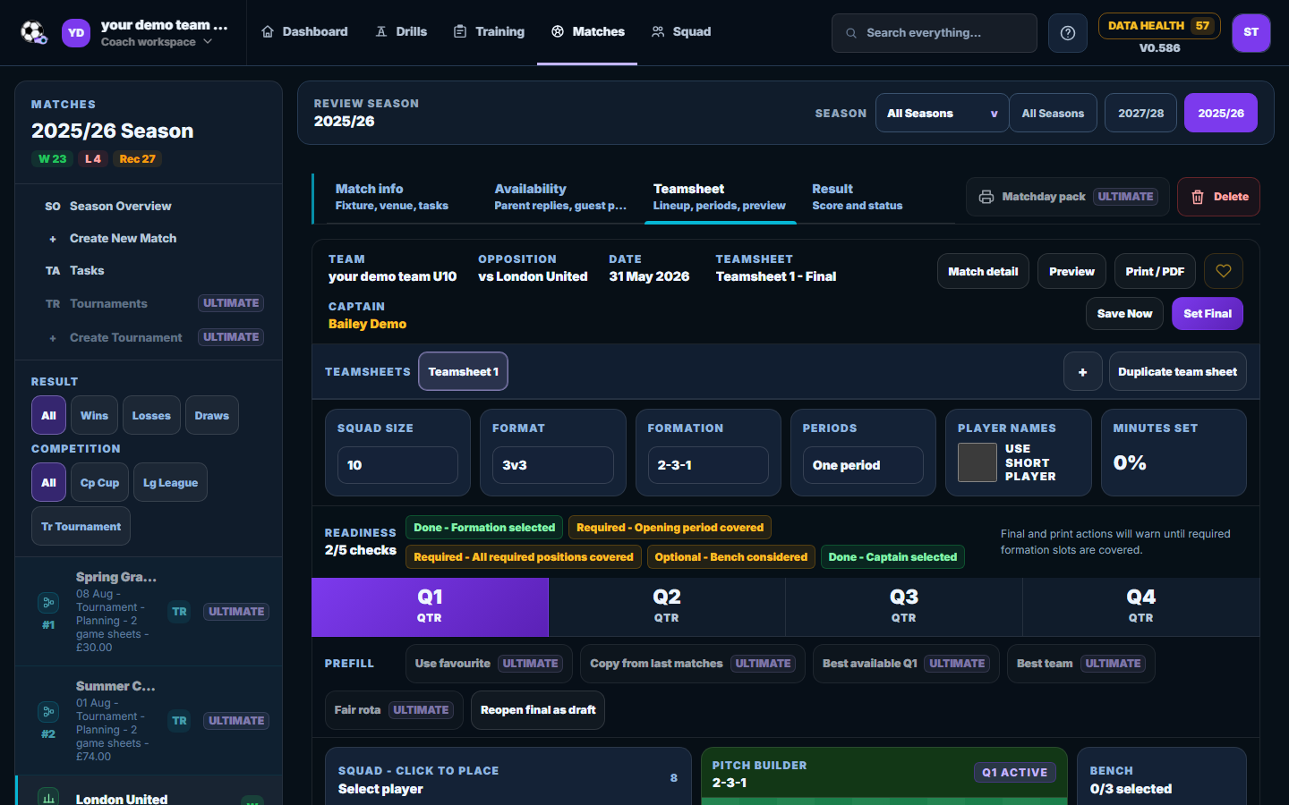 Grassroots Coach tournament hub showing squads, matches and matchday readiness