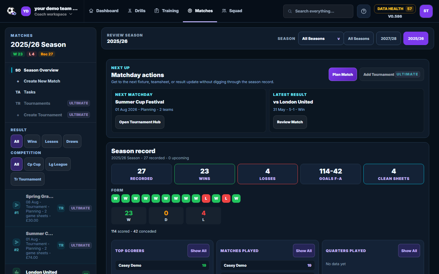 Grassroots Coach match tracker showing fixtures and season record