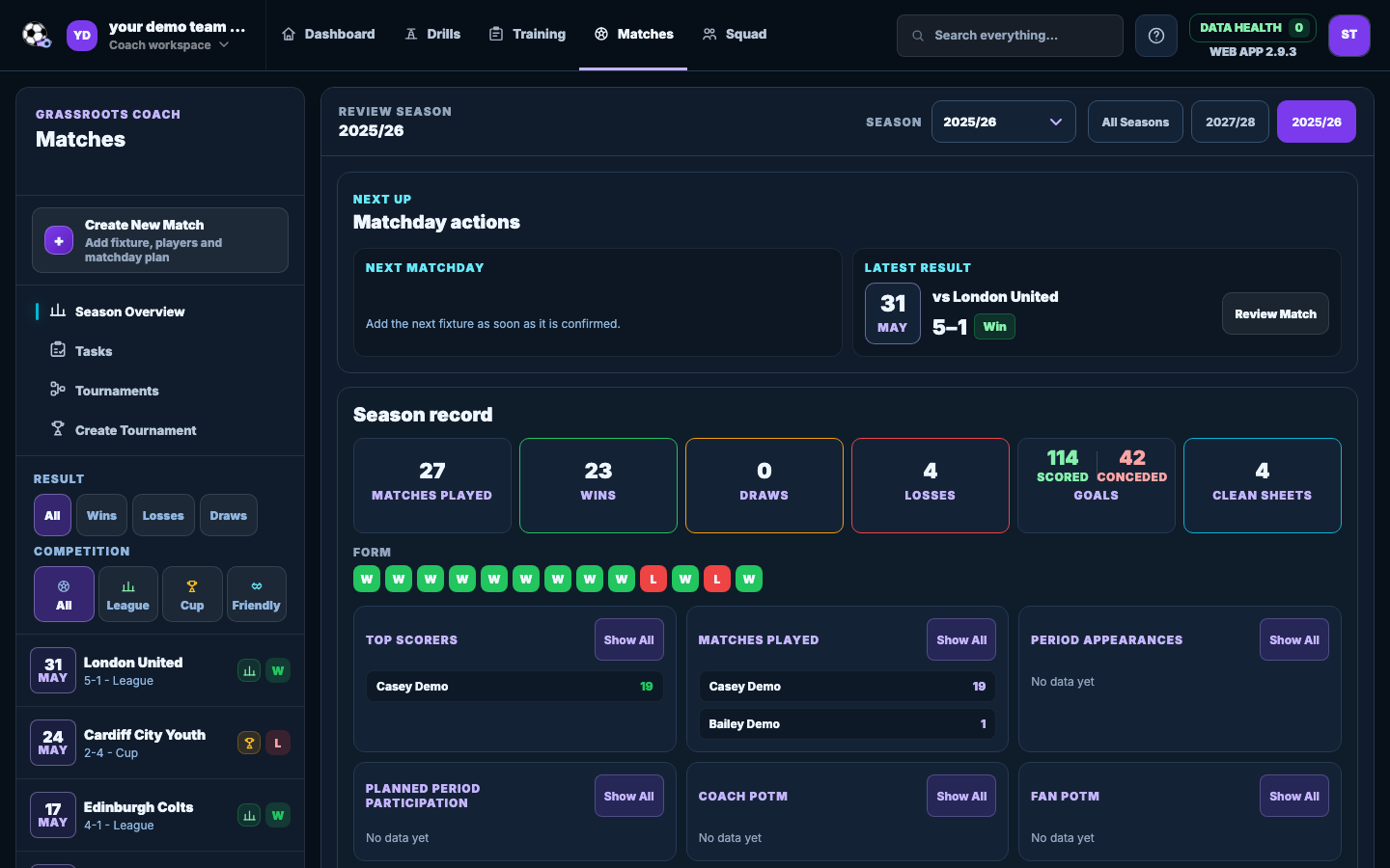 Grassroots Coach match tracker showing fixtures, results and season record