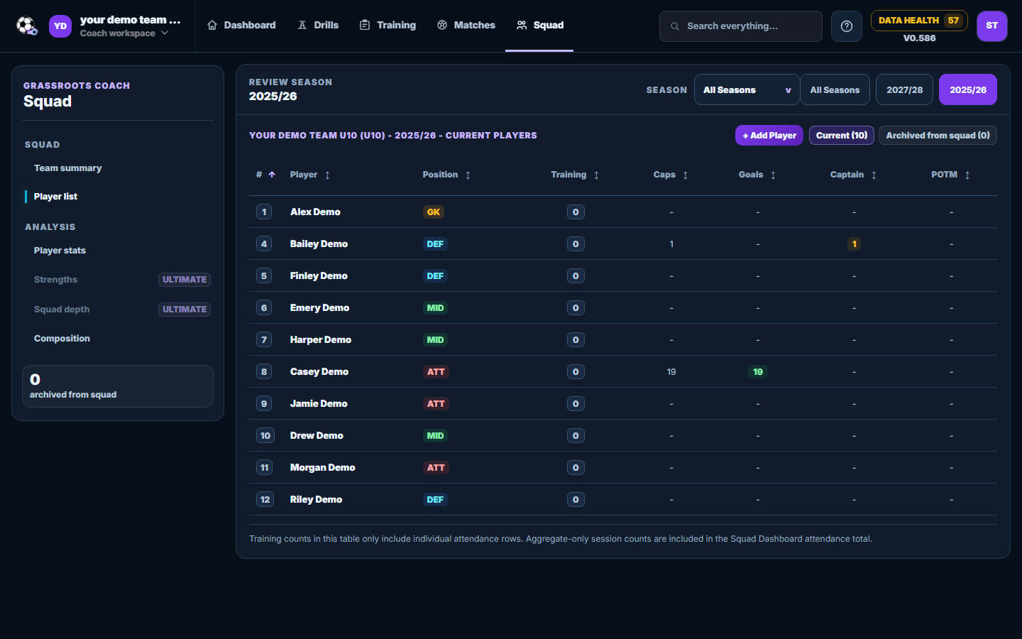 Grassroots Coach squad records screen