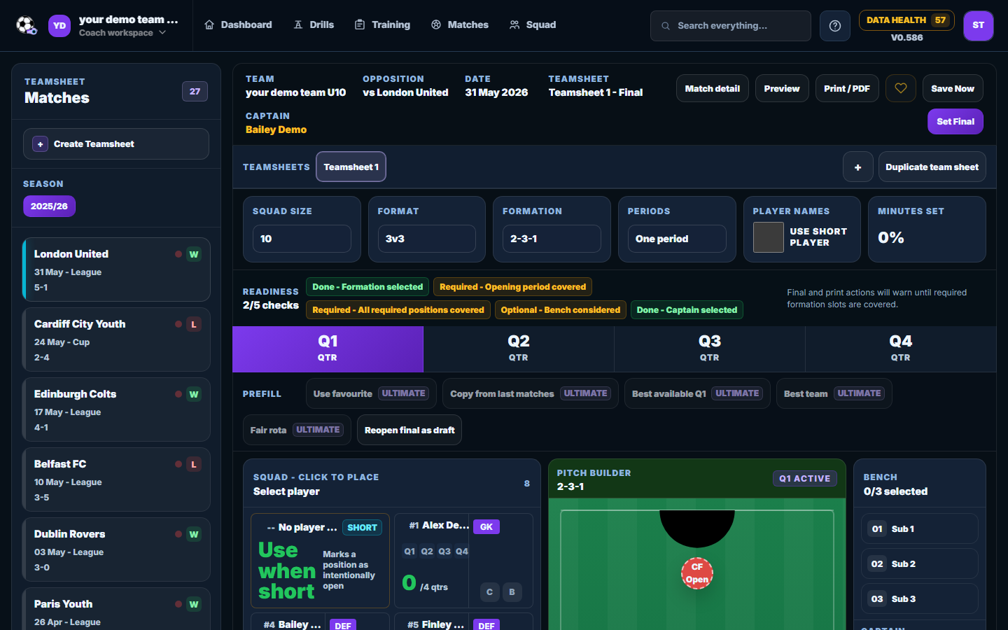 Grassroots Coach teamsheet builder showing players on a pitch layout
