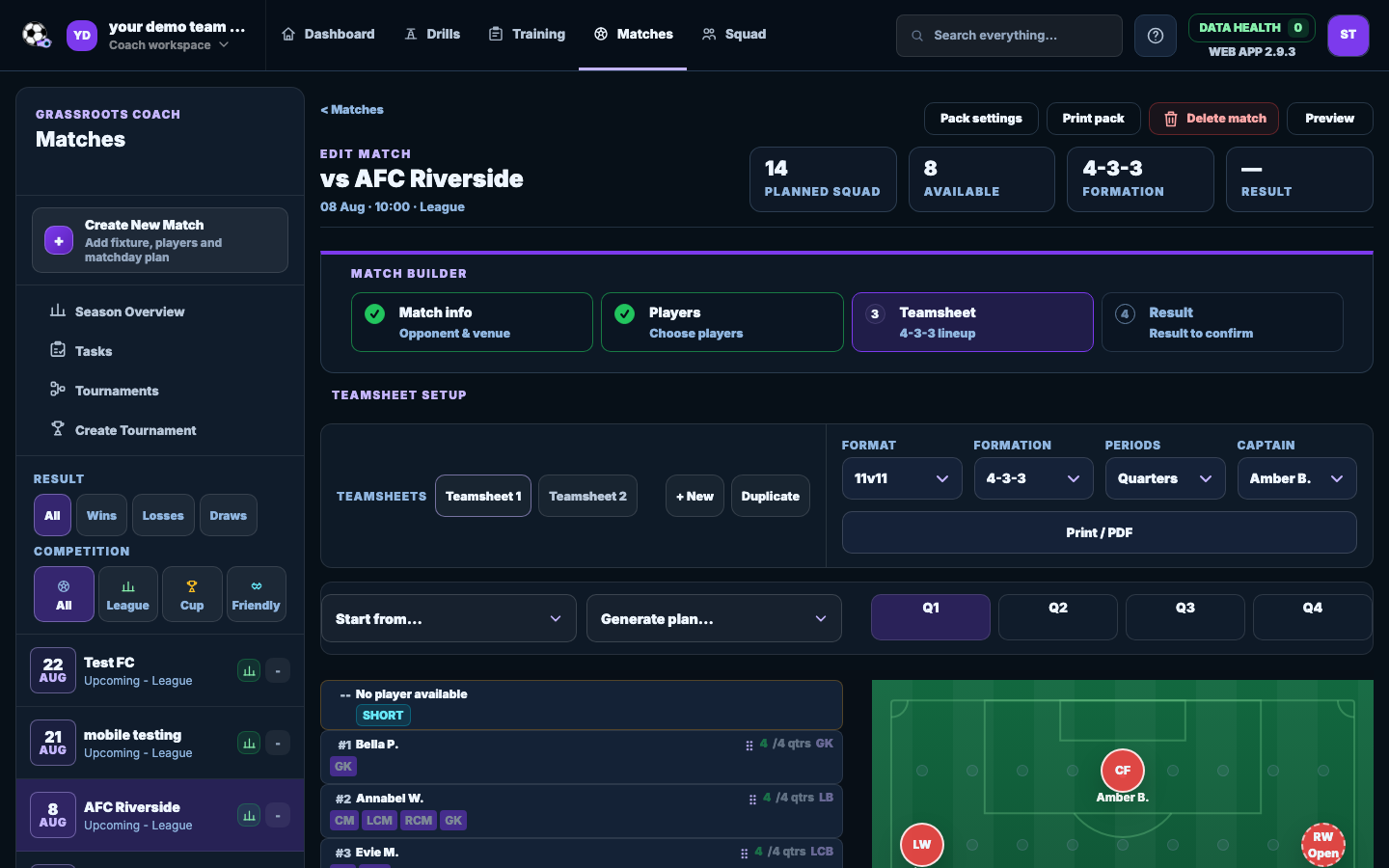 Grassroots Coach teamsheet builder showing players assigned to a pitch layout