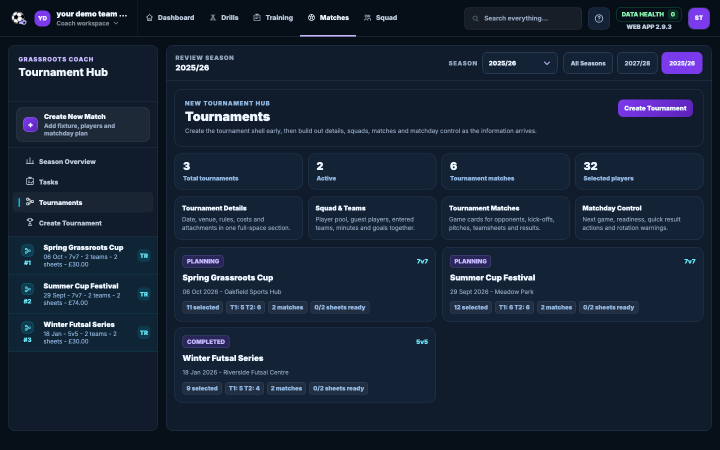 Grassroots Coach tournament hub showing squads, fixtures and matchday readiness